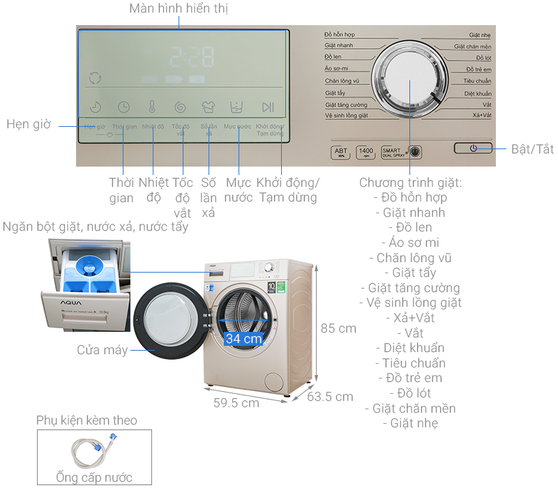 Thông số kỹ thuật Máy giặt Aqua Inverter 10.5 kg AQD-D1050E N