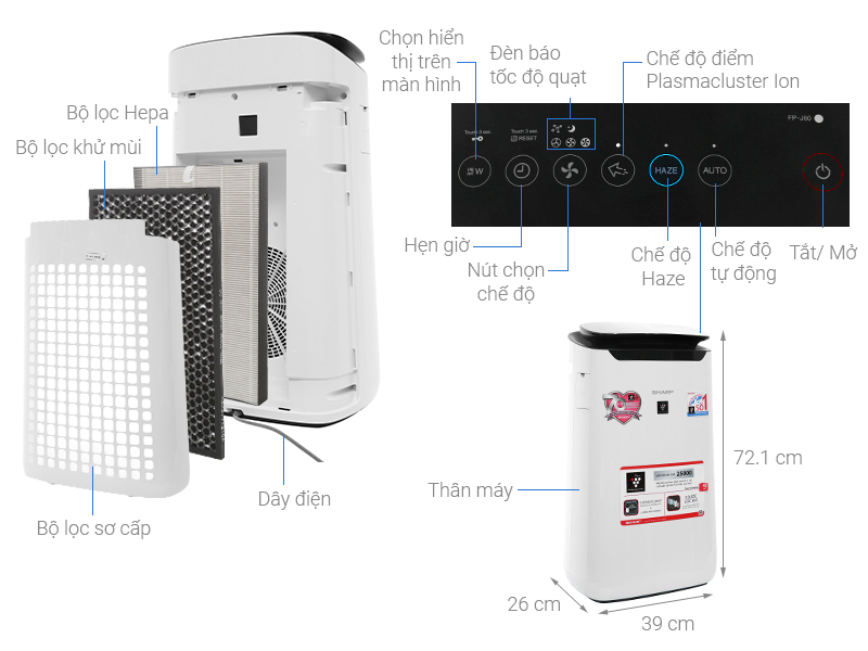 Thông số kỹ thuật Máy lọc không khí Sharp FP-J60E-W